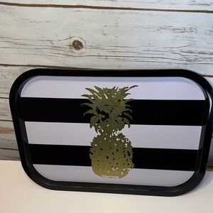 World Market Tin Decorative Tray Black And White Strips Gold Pineapple Vintage